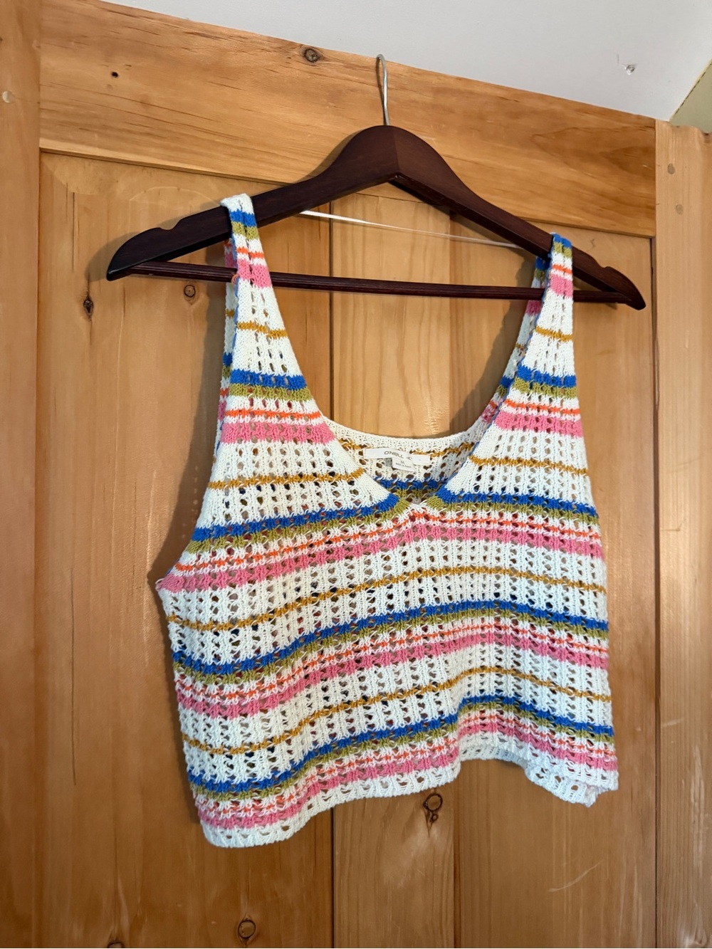 O'Neill Cream Crochet Crop Tank with Pink, Blue & Gold Stripes